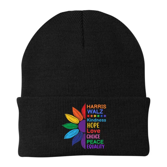 Harris Walz Diversity Rainbow Daisy Sunflower Vote Blue Knit Cap Winter Beanie