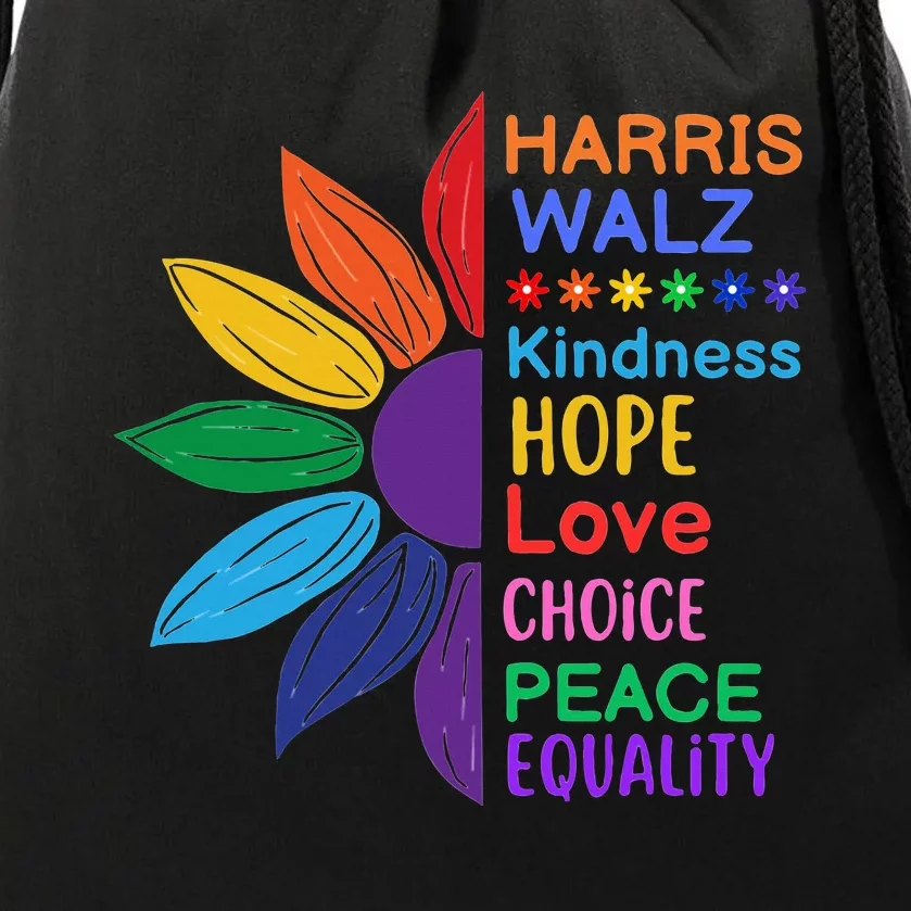 Harris Walz Diversity Rainbow Daisy Sunflower Vote Blue Drawstring Bag