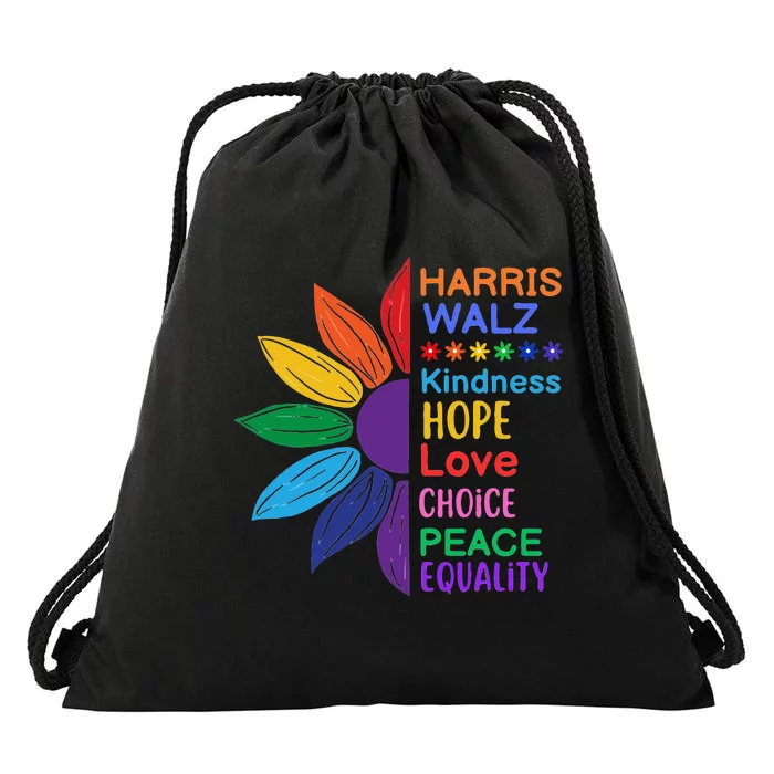 Harris Walz Diversity Rainbow Daisy Sunflower Vote Blue Drawstring Bag