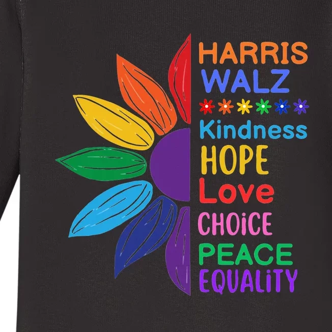 Harris Walz Diversity Rainbow Daisy Sunflower Vote Blue Baby Long Sleeve Bodysuit