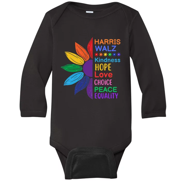 Harris Walz Diversity Rainbow Daisy Sunflower Vote Blue Baby Long Sleeve Bodysuit