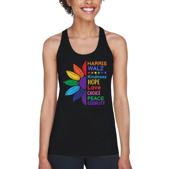 Harris Walz Diversity Rainbow Daisy Sunflower Vote Blue Women's Racerback Tank