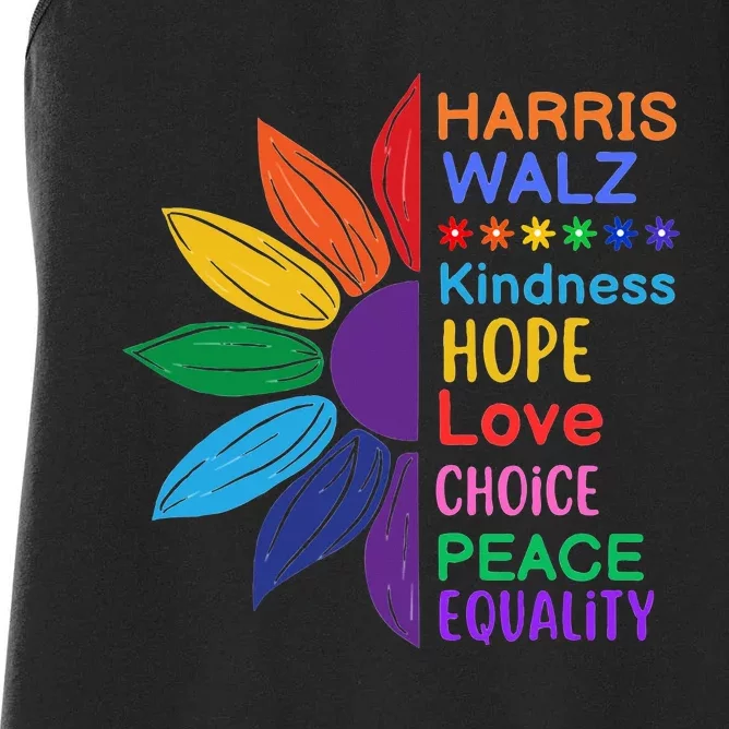 Harris Walz Diversity Rainbow Daisy Sunflower Vote Blue Women's Racerback Tank