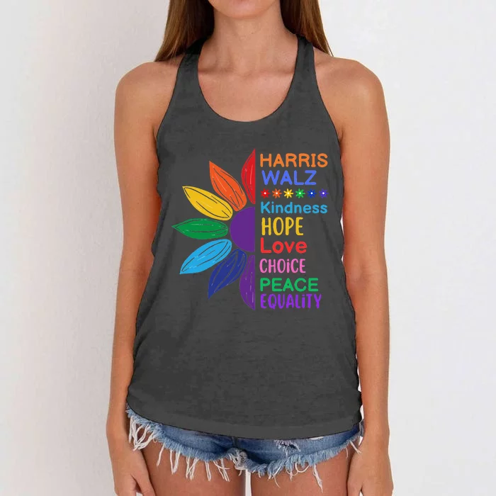 Harris Walz Diversity Rainbow Daisy Sunflower Vote Blue Women's Knotted Racerback Tank