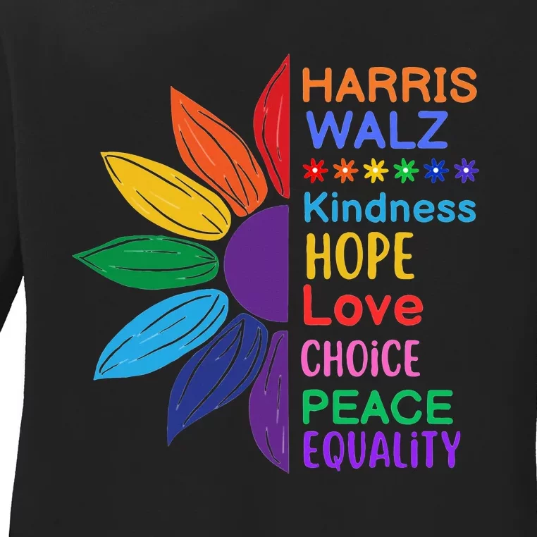 Harris Walz Diversity Rainbow Daisy Sunflower Vote Blue Ladies Long Sleeve Shirt