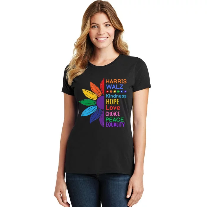 Harris Walz Diversity Rainbow Daisy Sunflower Vote Blue Women's T-Shirt