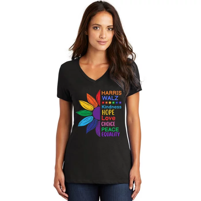 Harris Walz Diversity Rainbow Daisy Sunflower Vote Blue Women's V-Neck T-Shirt