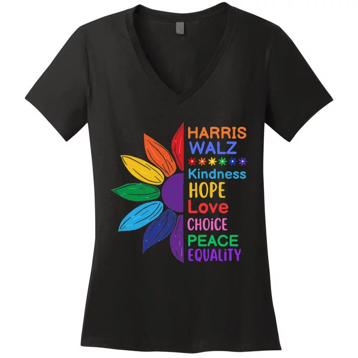 Harris Walz Diversity Rainbow Daisy Sunflower Vote Blue Women's V-Neck T-Shirt