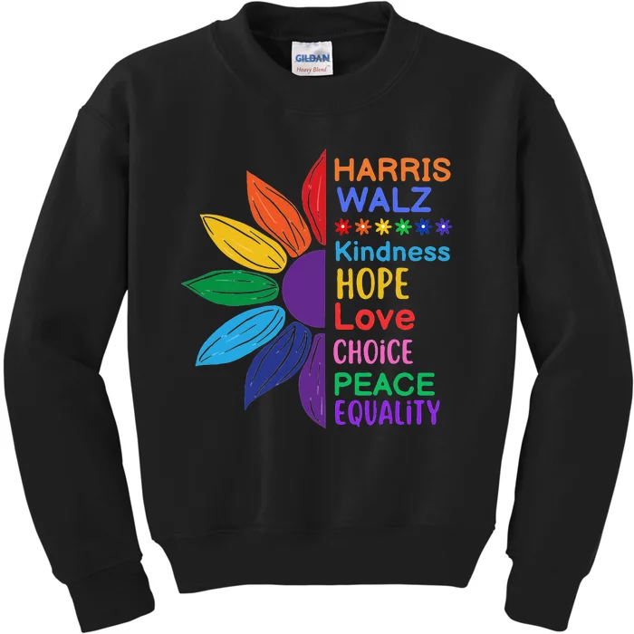 Harris Walz Diversity Rainbow Daisy Sunflower Vote Blue Kids Sweatshirt