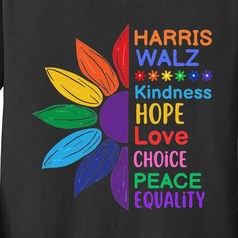 Harris Walz Diversity Rainbow Daisy Sunflower Vote Blue Kids Long Sleeve Shirt