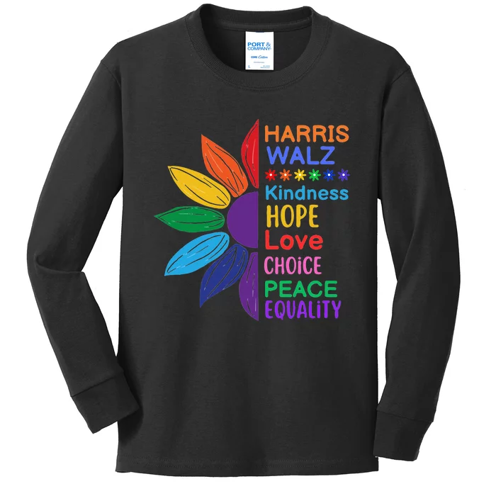 Harris Walz Diversity Rainbow Daisy Sunflower Vote Blue Kids Long Sleeve Shirt