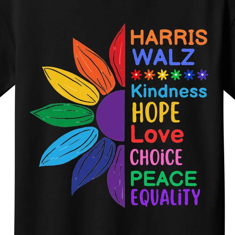 Harris Walz Diversity Rainbow Daisy Sunflower Vote Blue Kids T-Shirt