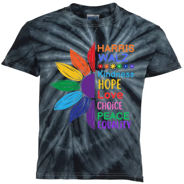 Harris Walz Diversity Rainbow Daisy Sunflower Vote Blue Kids Tie-Dye T-Shirt