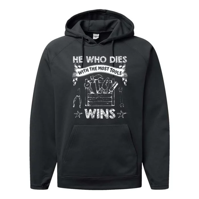 He Who Dies with The Most Wins Funny Carpenter Performance Fleece Hoodie