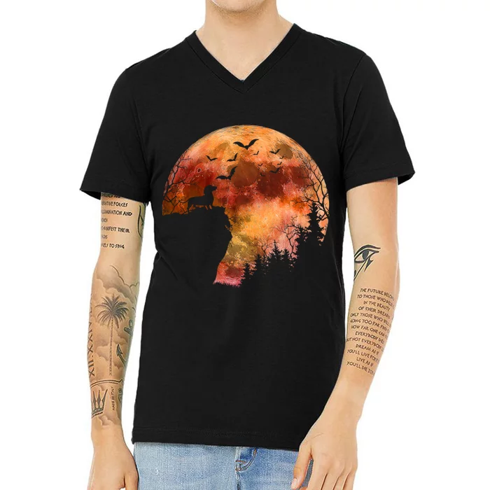 Halloween Wiener Dachshund Breed & Spooky Full Moon V-Neck T-Shirt