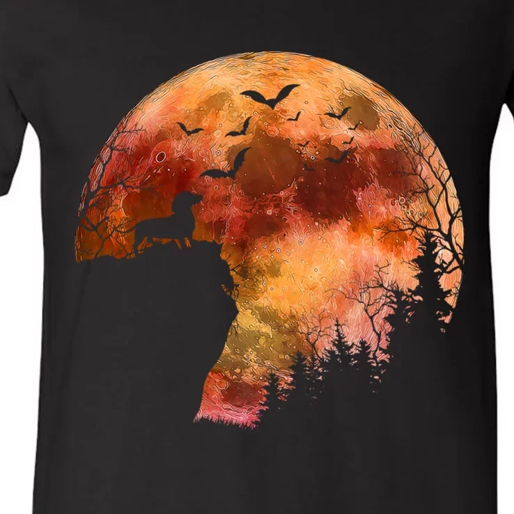 Halloween Wiener Dachshund Breed & Spooky Full Moon V-Neck T-Shirt