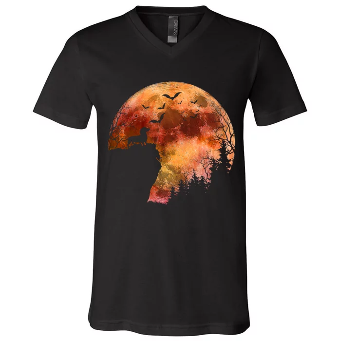 Halloween Wiener Dachshund Breed & Spooky Full Moon V-Neck T-Shirt