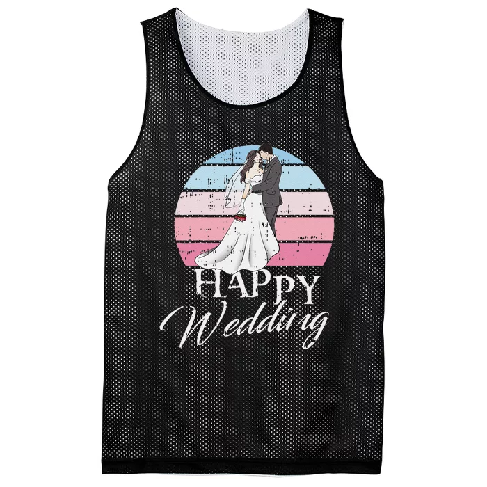 Happy Wedding Day Retro Engaged Couple Bride Groom Mesh Reversible Basketball Jersey Tank