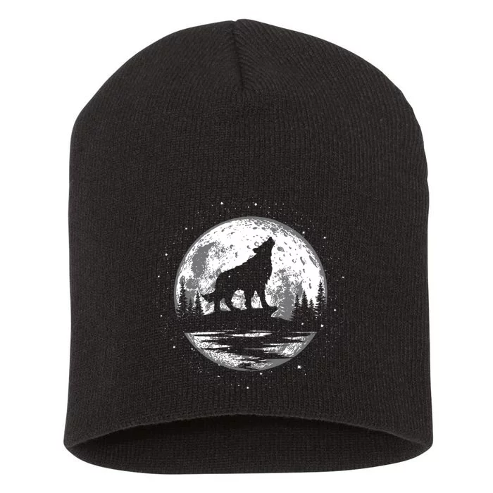 Howling Wolf For Funny Animal Wolf And Moon Short Acrylic Beanie