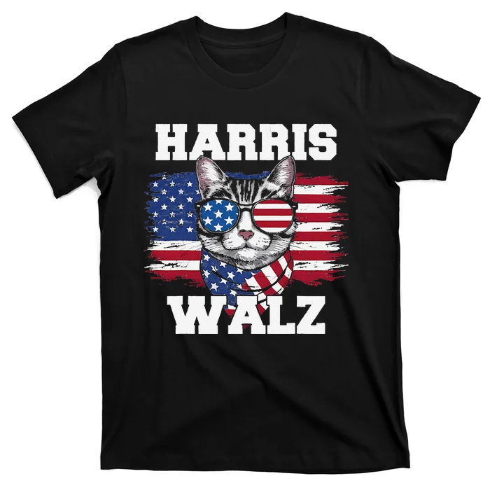 Harris Walz Funny Childless Cat Lady U.S Flag Cat Meme Gift T-Shirt