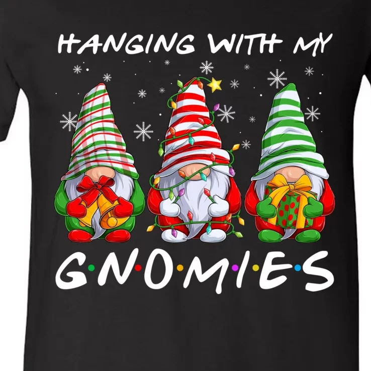 Hanging With Gnomies Gnomes Light Christmas Pajamas Matching V-Neck T-Shirt