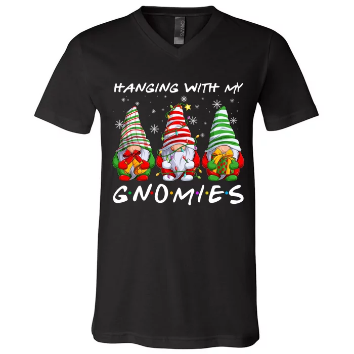 Hanging With Gnomies Gnomes Light Christmas Pajamas Matching V-Neck T-Shirt