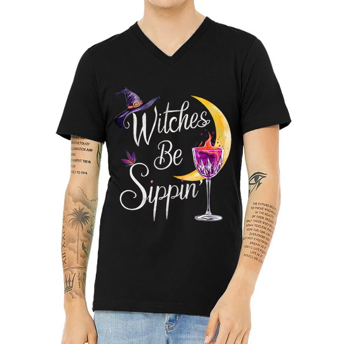 Halloween Wine Glass Witches Be Sippin Funny Drinking Wine V-Neck T-Shirt