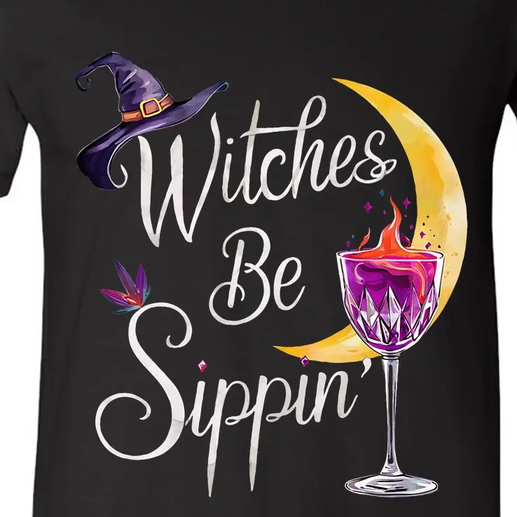 Halloween Wine Glass Witches Be Sippin Funny Drinking Wine V-Neck T-Shirt