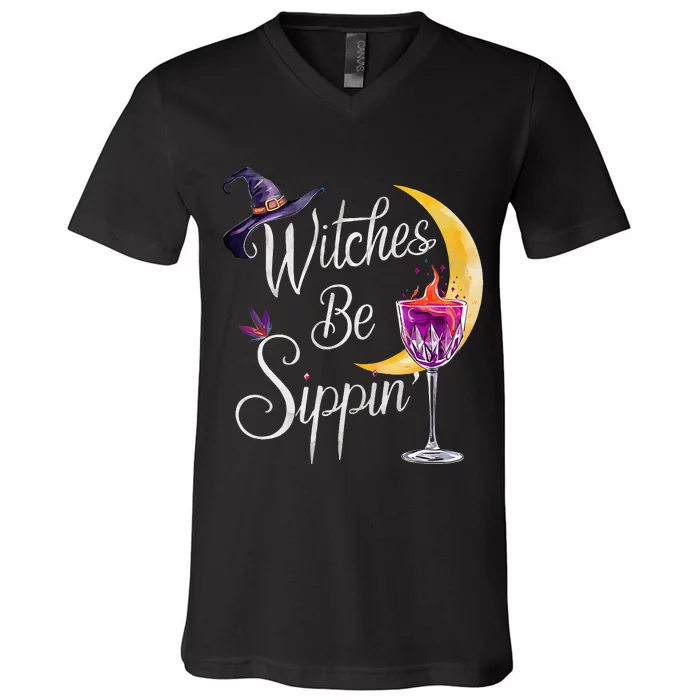 Halloween Wine Glass Witches Be Sippin Funny Drinking Wine V-Neck T-Shirt