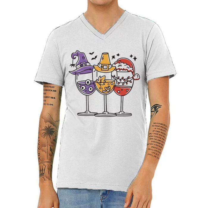 Holidays Wine Glasses Festive V-Neck T-Shirt