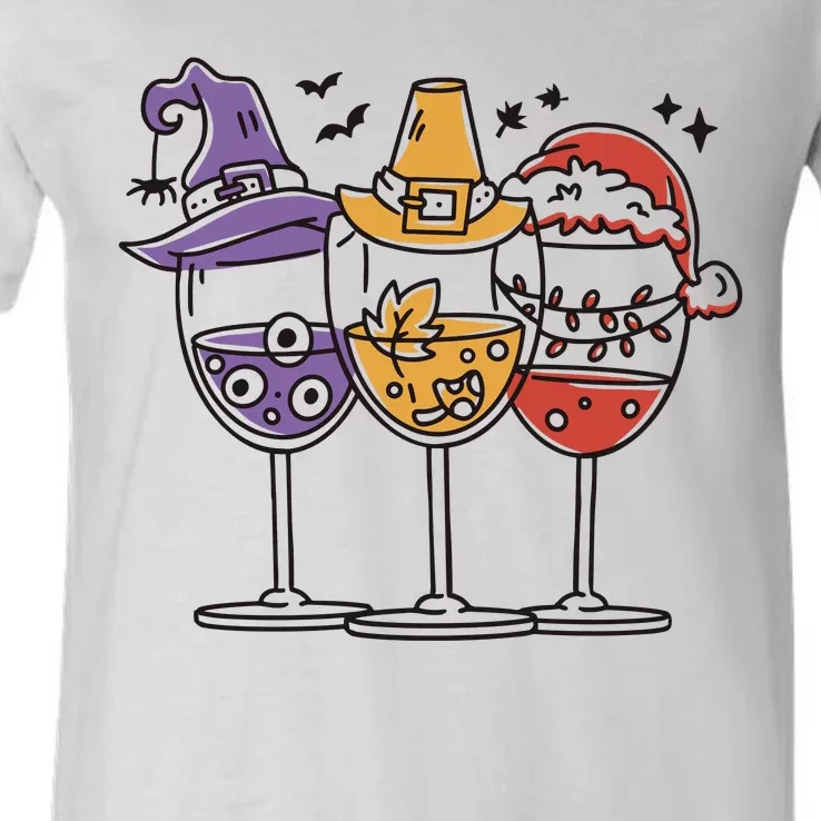 Holidays Wine Glasses Festive V-Neck T-Shirt