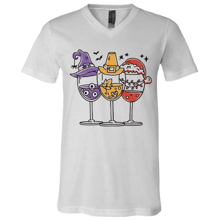 Holidays Wine Glasses Festive V-Neck T-Shirt