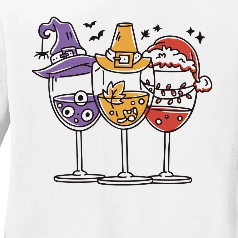 Holidays Wine Glasses Festive Ladies Long Sleeve Shirt