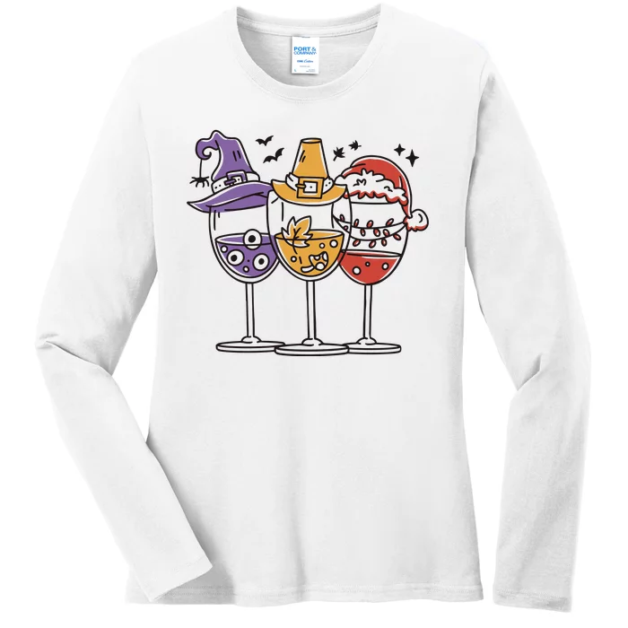 Holidays Wine Glasses Festive Ladies Long Sleeve Shirt