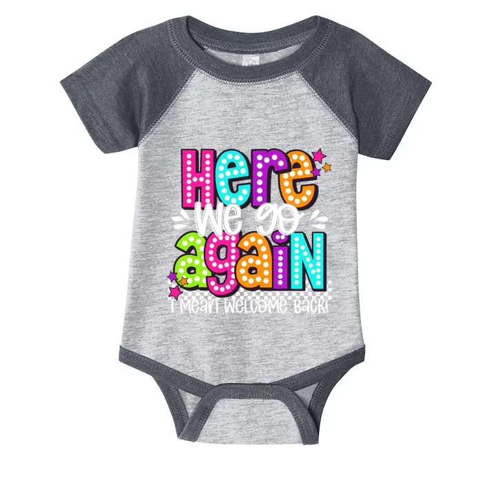 Here We Go Again I Mean Welcome Back Teacher Back To School Infant Baby Jersey Bodysuit