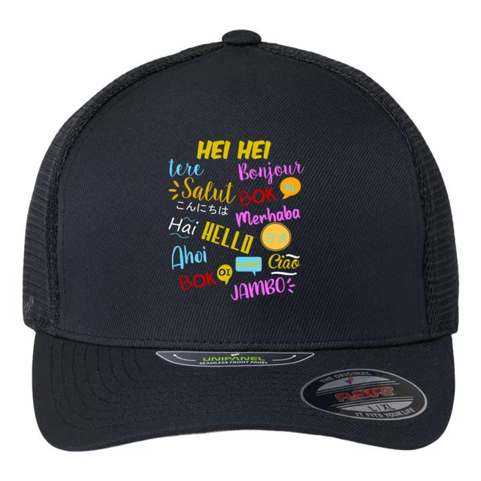 Hello Word In Different Languages Travel And Teacher Flexfit Unipanel Trucker Cap