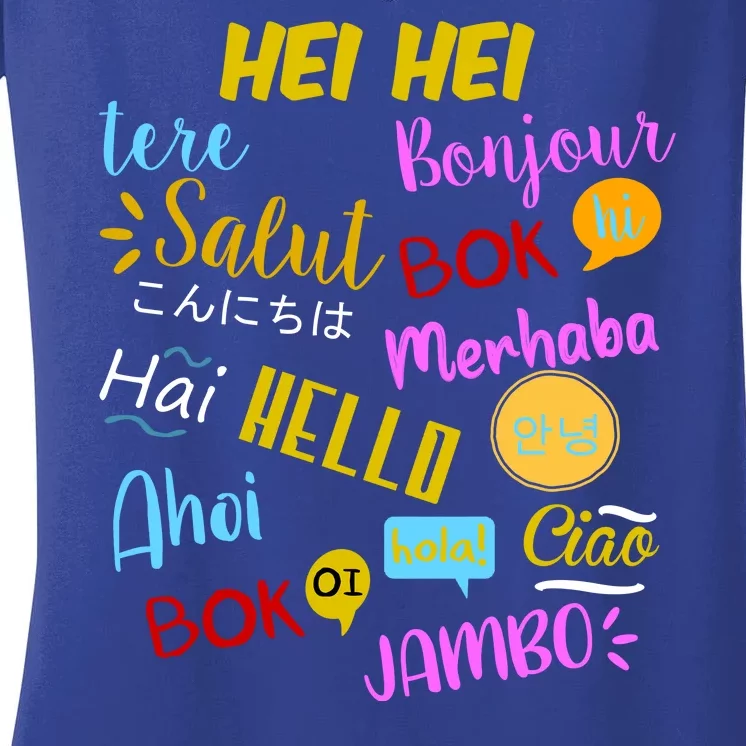 Hello Word In Different Languages Travel And Teacher Women's V-Neck T-Shirt