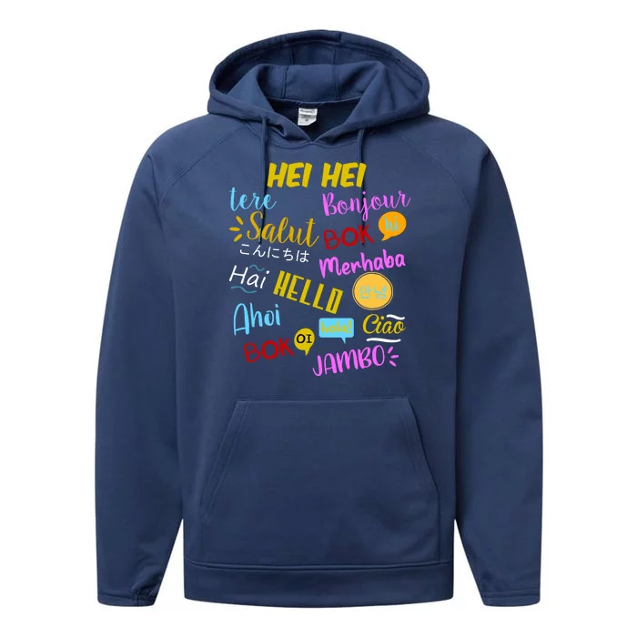 Hello Word In Different Languages Travel And Teacher Performance Fleece Hoodie