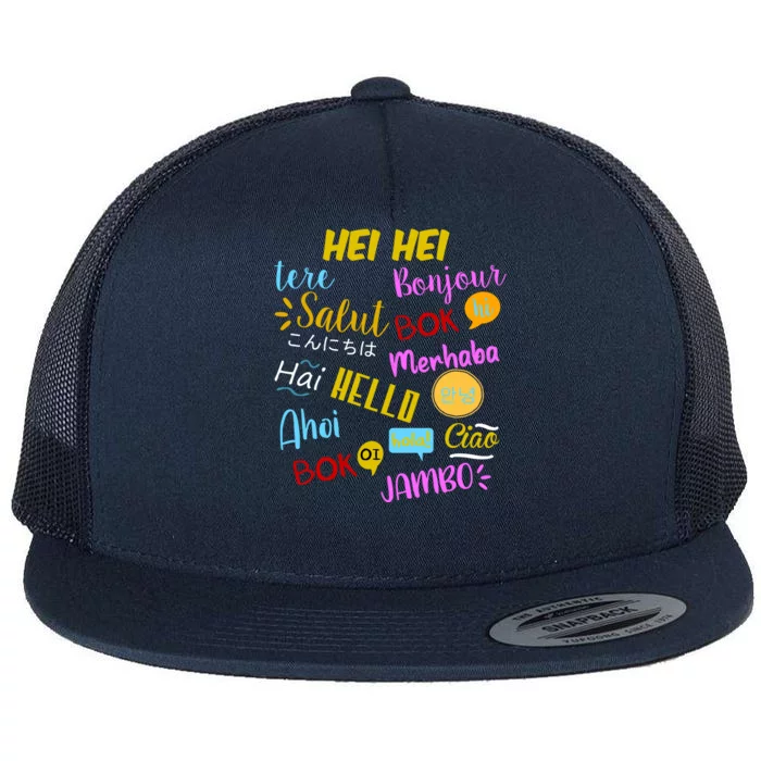 Hello Word In Different Languages Travel And Teacher Flat Bill Trucker Hat