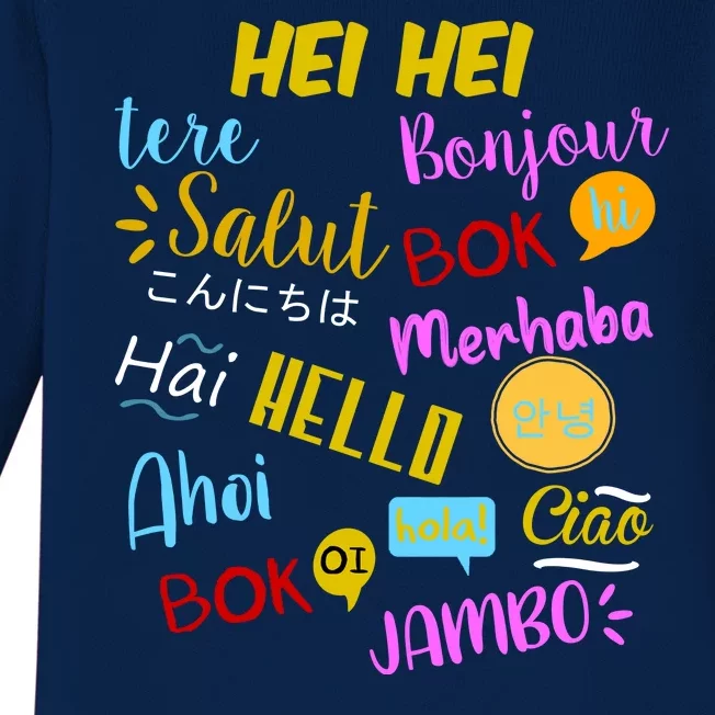 Hello Word In Different Languages Travel And Teacher Baby Long Sleeve Bodysuit