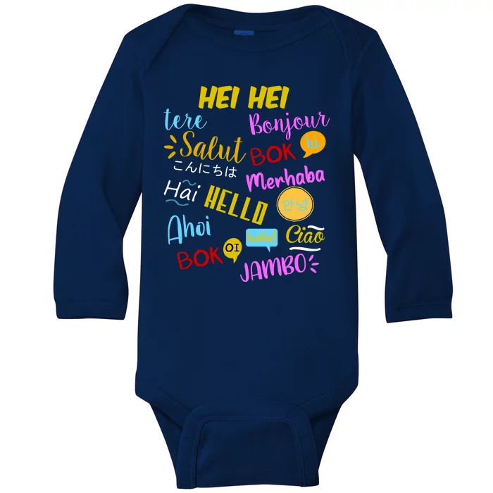 Hello Word In Different Languages Travel And Teacher Baby Long Sleeve Bodysuit