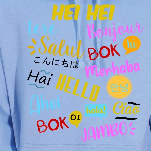 Hello Word In Different Languages Travel And Teacher Unisex Surf Hoodie