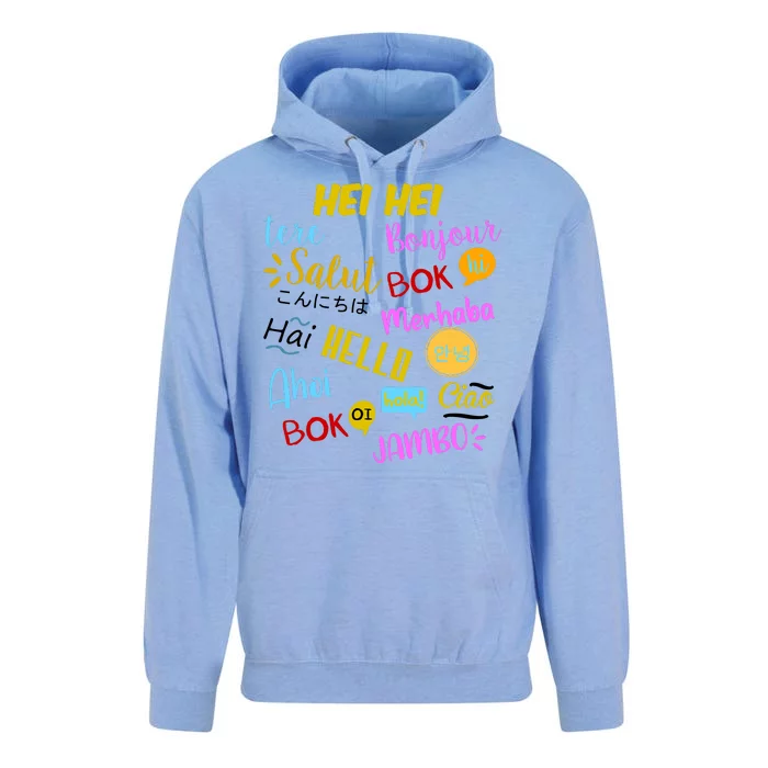 Hello Word In Different Languages Travel And Teacher Unisex Surf Hoodie