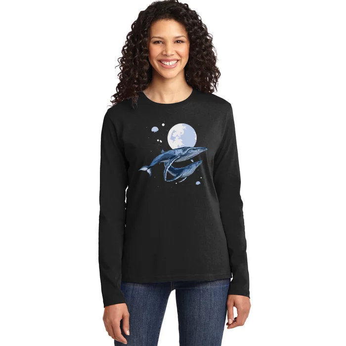 Humpback Whale In Space | Funny Beluga Orca Blue Whale Ladies Long Sleeve Shirt