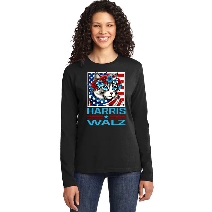 Harris Waltz Kamala Harris Tim Walz 2024 Vp Cat Ladies Flag Ladies Long Sleeve Shirt