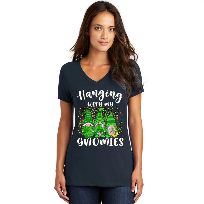 Hanging With My Gnomies Leopard Plaid Shamrock Patrick's Day Women's V-Neck T-Shirt