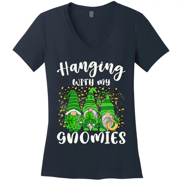 Hanging With My Gnomies Leopard Plaid Shamrock Patrick's Day Women's V-Neck T-Shirt