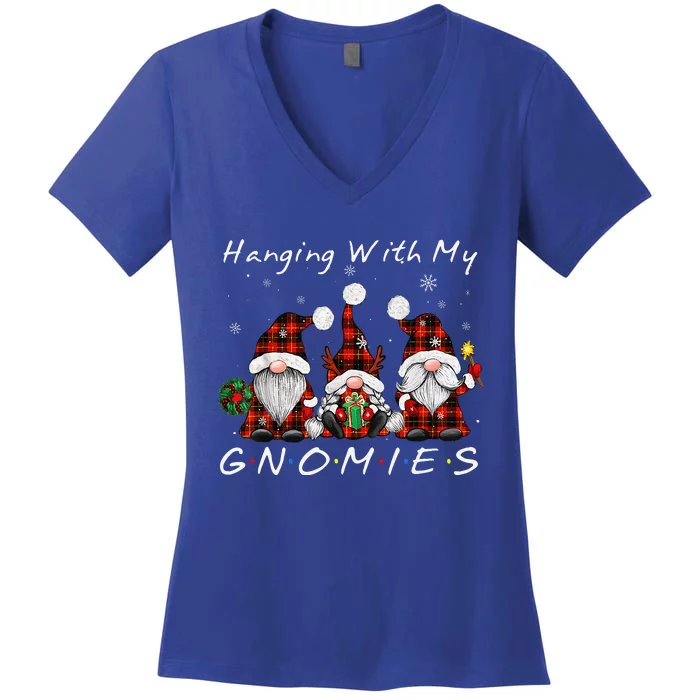 Hanging With My Gnomies Buffalo Red Plaid Christmas Gnome Women's V-Neck T-Shirt