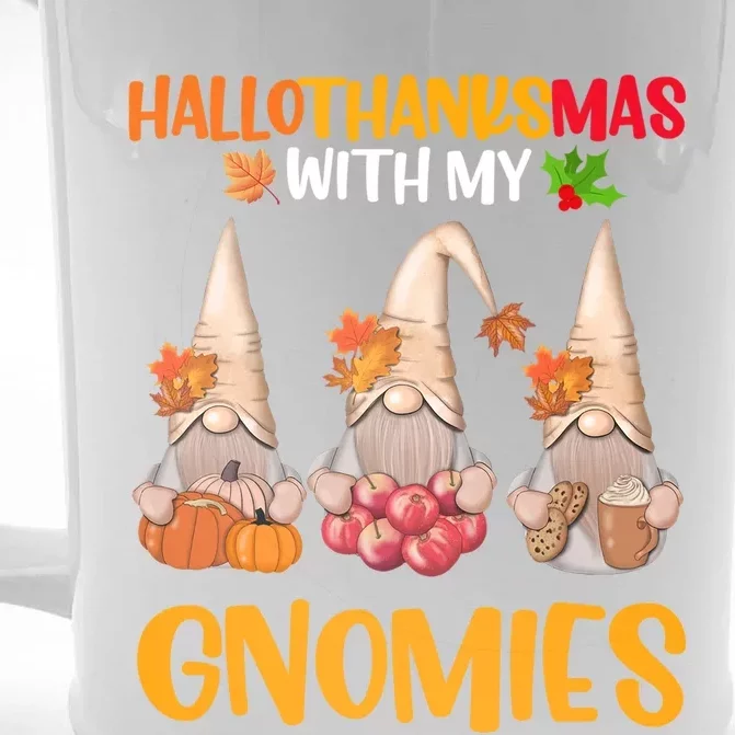 Hallothanksmas With My Gnomies Halloween Thanksgiving Xmas Funny Gift Front & Back Beer Stein