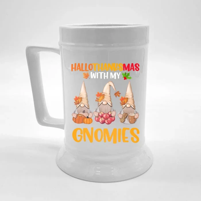 Hallothanksmas With My Gnomies Halloween Thanksgiving Xmas Funny Gift Front & Back Beer Stein